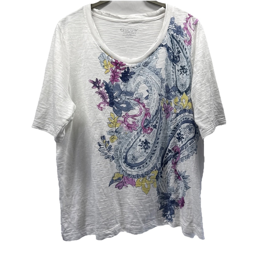 Chicos Women's Top Sz Large Blue Purple Paisley White Short Sleeve Slub Pullover
